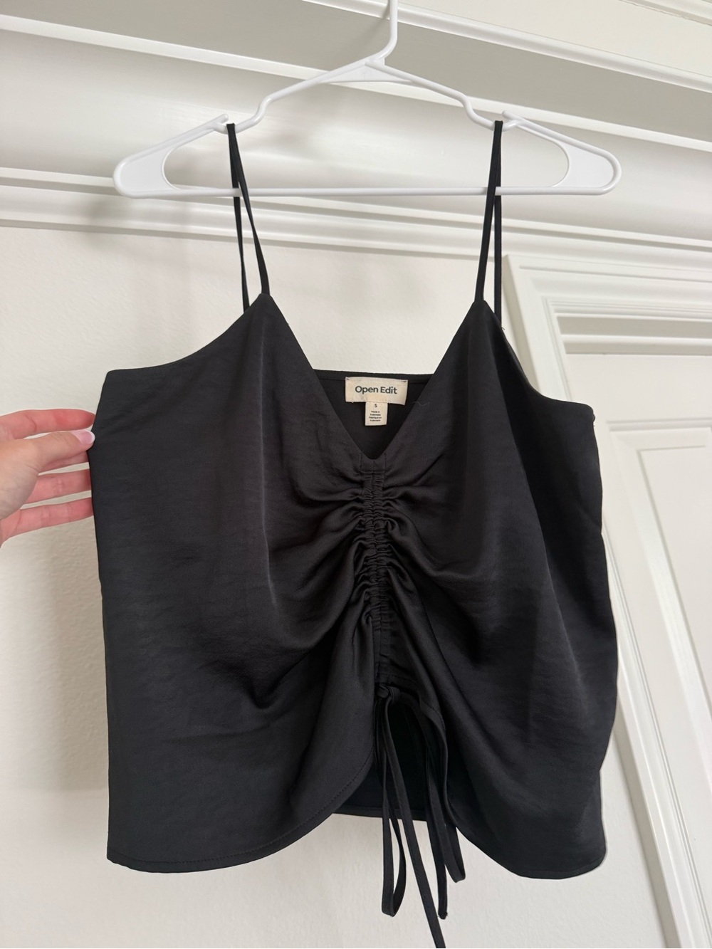 Open Edit Black Ruched Satin Camisole with Adjustable Front Tie